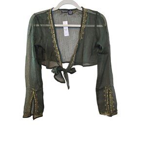 Olive Green Silk Chiffon top, cropped tie front by Magazine Size L New